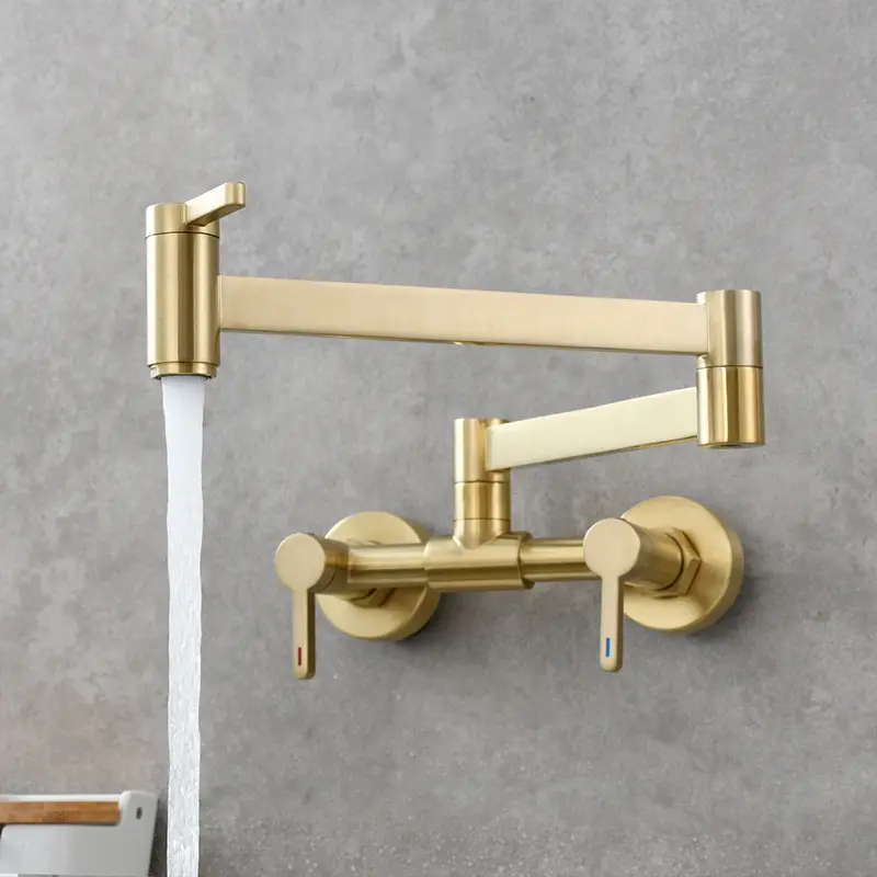 Hot Cold Pot Filler Faucet Brushed Gold Brass Wall Mount Folding Kitchen Stove Faucet