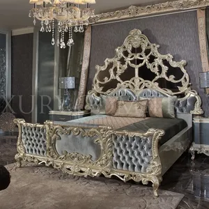 优质皇家经典卧室贵族家具套装仿古金色实木雕刻特大床带床边桌