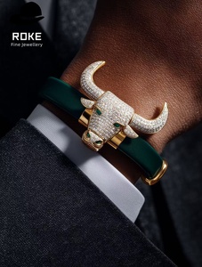 <span class=keywords><strong>Bracelet</strong></span> de luxe personnalisé Tête de Taureau en Or 9K-18K, entièrement pavé de diamants, yeux d'émeraude, en <span class=keywords><strong>cuir</strong></span> de crocodile, pour Hommes et Femmes, Cadeau de fête - Product Image 2