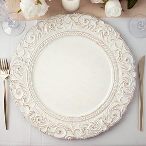 Assiettes <span class=keywords><strong>de</strong></span> présentation en plastique style antique 13 pouces, blanches, avec bordure florale en relief, <span class=keywords><strong>pour</strong></span> mariages, fêtes, Noël et service <span class=keywords><strong>de</strong></span> table - Product Image 3