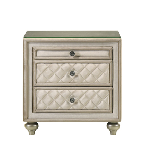 Beige 2-<b>Drawer</b> Nightstand With Quilted Design And Glass Top <b>For</b> Bedroom <b>Storage</b> - Product Image 3