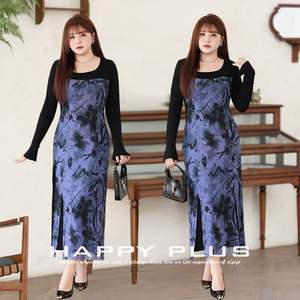 รันฉีชุดเดรสชีฟองผู้หญิงไซส์ใหญ่ สีดำ ตกแต่งลายดอกไม้ คอวี ทรงหลวม แขนยาว ชุดเดรสแม็กซี่ - Product Image 4