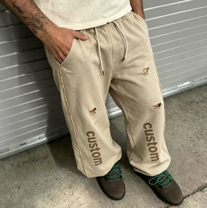 Custom Men's <b>Canvas</b> Sweatpants Elastic Waist Drawstring Ripped Distressed Street Style Casual Wear - Product Image 1