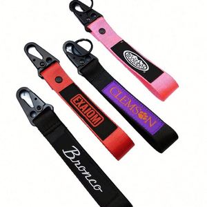 Dragonne noire personnalisée avec porte-clés, porte-étiquette et mousqueton à broderie tissée bec d'aigle pour promotions - Product Image 1