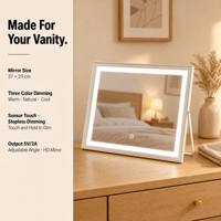 Miroir de maquillage rond en cristal blanc avec lumières LED 40 cm, 3 modes de couleur, variateur d'intensité, capteur tactile, rotation à 360°