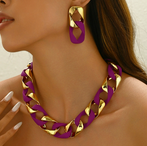 Ensemble collier et boucles d'oreilles en acrylique mat, maillons cubains carrés, pour femme, style hip-hop, bijoux et accessoires color block - Product Image 2