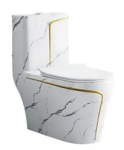 Modernes Design heißer Verkauf Marmormuster und goldene Linie Badezimmer Keramik einteilig Kommode WC Toilette