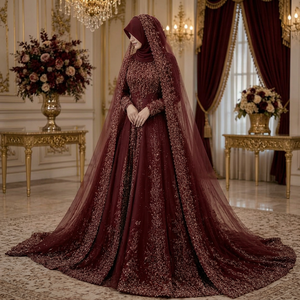 Robe de mariée en organza bordeaux, style lehenga choli, avec des pierres et des broderies Zari, imprimé floral, avec voile pour la mariée - Product Image 1