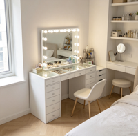 Table de toilette Voxhome avec plateau en verre blanc, miroir éclairé, armoire latérale, table à coiffeuse multi-tiroirs pour chambre à coucher, salon, meubles