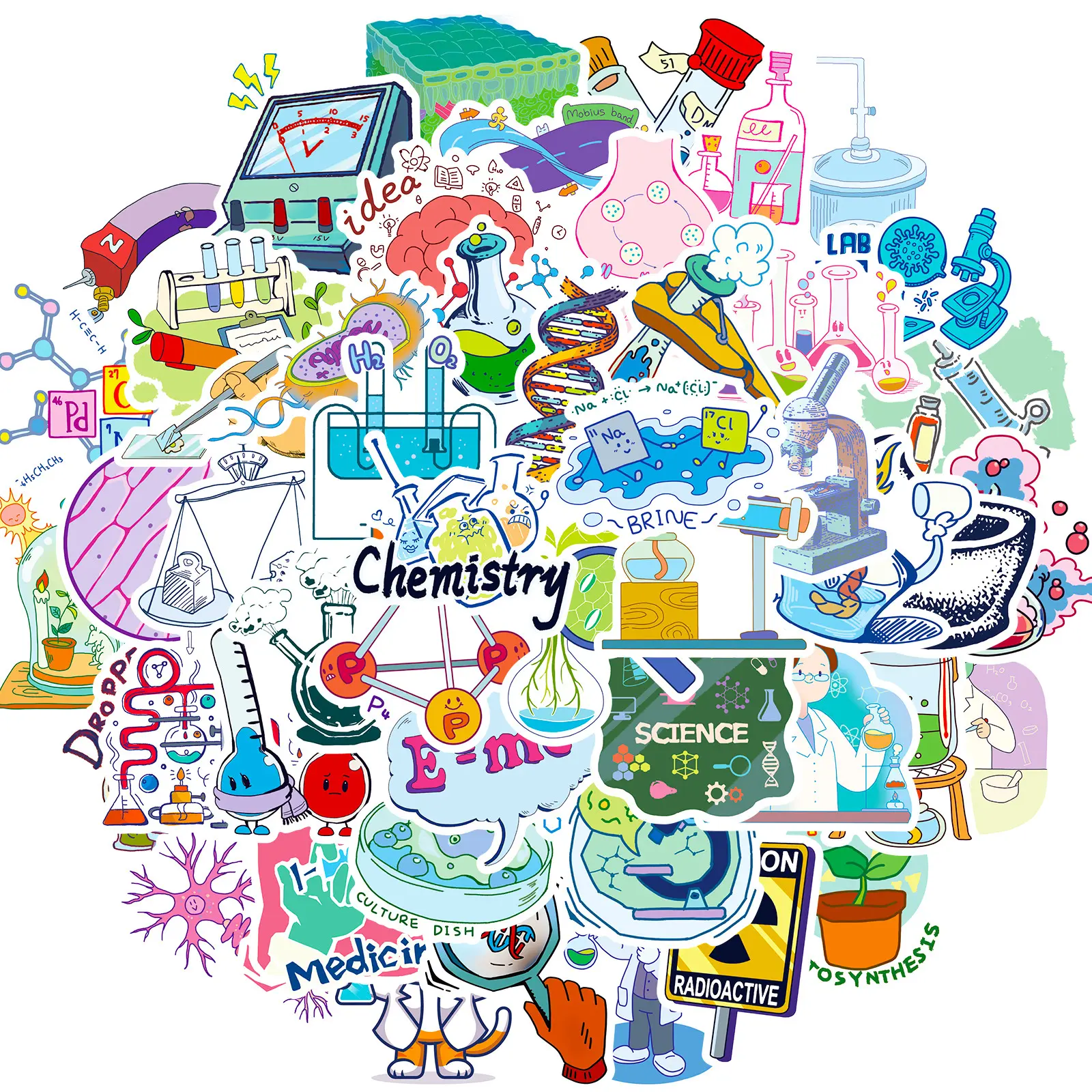 50pcs Chemical Lab Science Graffiti Stickers Luggage Tablet Stickers Decorative for Book Laptop Phone Skateboard Water Cup