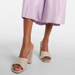 Carré bout ouvert femmes clair strass hauts talons épais Denim tissu sandales bureau dame sans lacet <span class=keywords><strong>jean</strong></span> Mules - Product Image 1