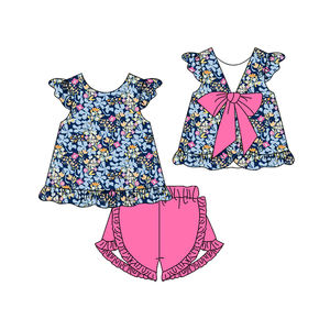 Conjunto Infantil GSSO3605 Personalizado para Niña, Estampado de Flores a Cuadros Azules, Estilo Casual sin Mangas con Lazos, Venta al Por Mayor - Product Image 6