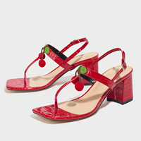 Sandales à talon carré et bride en T, décor cerise, pointure 35-43, talon bloc, pour femme, mode été
