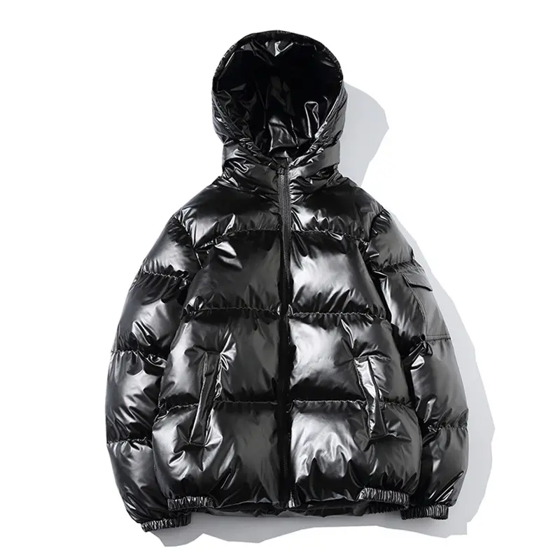 Wholesale custom winter plus size men puffer jackets hooded bubble jacket glossy shiny quilting cotton coat