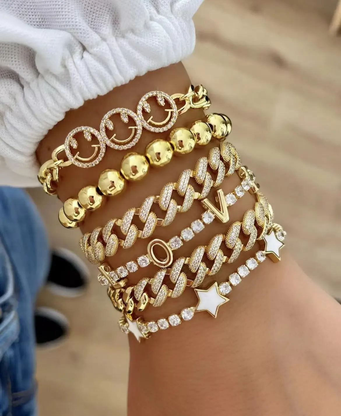 Pulsera de cuentas de oro de 8MM para mujer, brazalete con cadena de eslabones de zirconia, micro pavé de estrella blanca de amor con cara sonriente, joyería para mujer