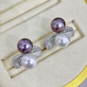 Anillo de Perlas Naturales de Grado Joyería, Doble Hilera, Elaborado con Plata Pura Dorada, Anillos de Diamantes Ligeramente Deslumbrantes de 9-10 mm - Product Image 3