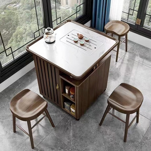 Chinese Style Balcony Tea <b>Table</b> Solid Wood Slate Top Mobile Wheeled Tea Cart With Storage Home Use Coffee <b>Table</b> - Product Image 3