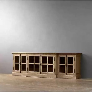 Meuble TV en chêne massif vieilli de style vintage américain, console multimédia avec porte vitrée de style campagne française, long meuble de rangement en bois pour salon - Product Image 4
