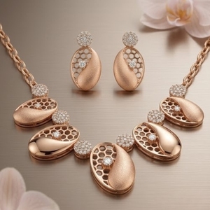 Rose Gold Geometric Fine 925 Silver Necklace Set with Matching <b>Earrings</b> <b>Crystal</b> <b>Studded</b> Fashion Jewelry for Women Wedding - Product Image 2
