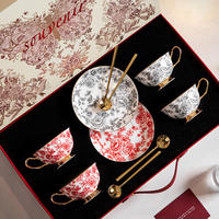 Juego de Taza de Té de Cerámica con Borde Dorado Floral Vintage, Platillo y Cuchara, en Caja de Regalo para Bodas, Hogar, Café, Té de la Tarde