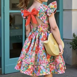 Vestido Estampado para Niñas, Verano 2026, Estilo Princesa con Lazo, Falda Moderna, Estilo Vacaciones en la Playa - Product Image 1