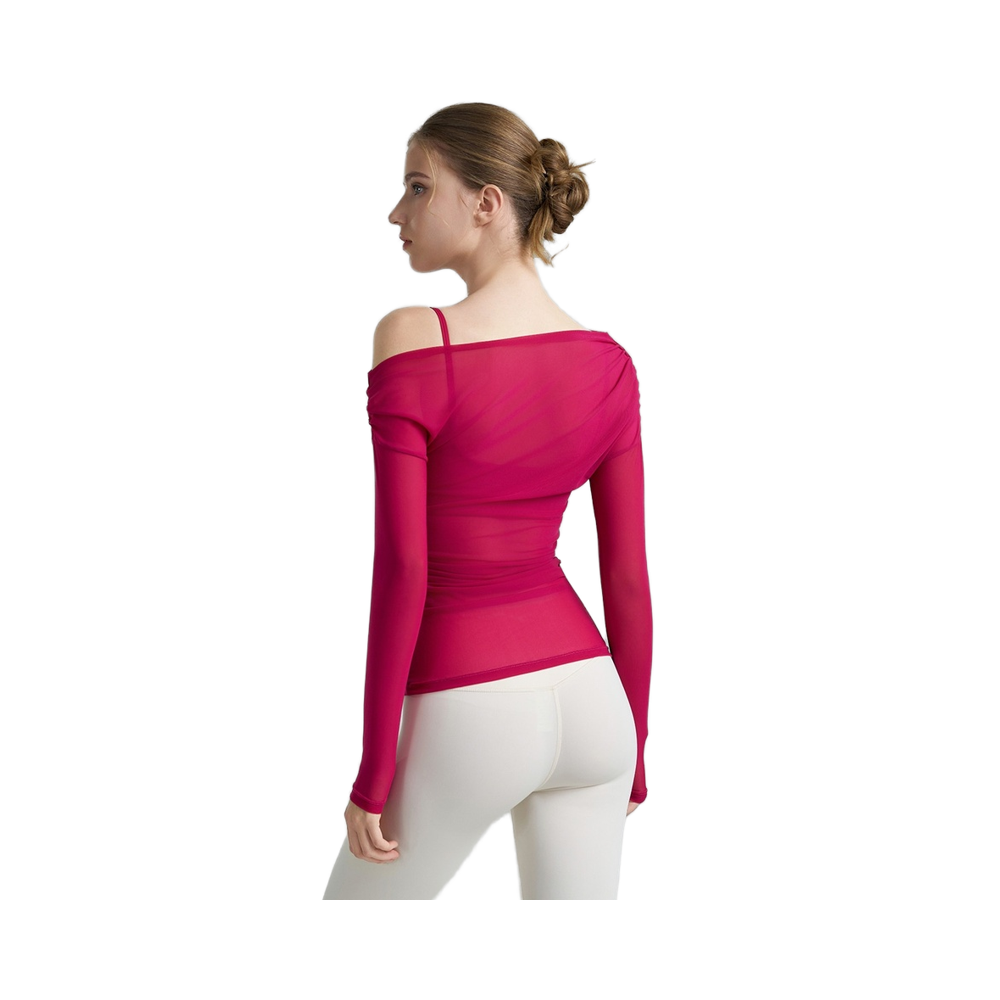 Pure Pleated Yoga Blouse Spring Summer Off-shoulder Long Sleeve Sports T-shirt Mesh Lightweight Breathable Front Skinny Fit