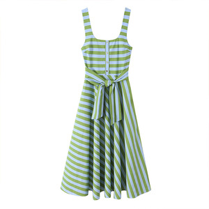 Robe midi tissée rayée verte et blanche à bretelles spaghetti, coupe trapèze, avec lien à nouer, décontractée, pour femme, idéale pour l'été - Product Image 1
