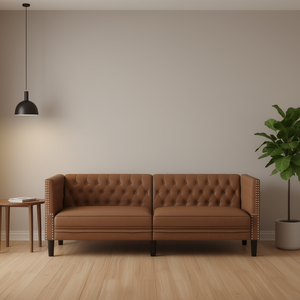 Divano Chesterfield Marrone per Soggiorno in Tessuto Trapuntato a Tre Posti con Braccioli Quadrati e Gambe in Legno - Product Image 2