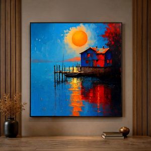 Peinture acrylique abstraite moderne de paysage tropical, coucher de soleil et bateau, sur toile texturée, peinte à la main, encadrée - Product Image 1
