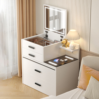 Coiffeuse multifonctionnelle avec chargeur, table de maquillage crème avec miroir LED et plateau rabattable