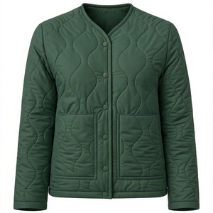 Customized Women Dark Green Quilted Jacket Collarless Wave Padding <b>Coat</b> Casual Warm Winter Outerwear Snap <b>Button</b> Front Pockets - Product Image 1