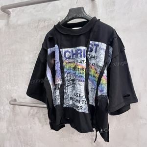 Camisetas de Hombre de Algodón 100% con Diseño Personalizado, Costuras Superpuestas, Contraste Irregular, Corte Cuadrado, Estilo Vintage, Lavado Ácido - Product Image 1