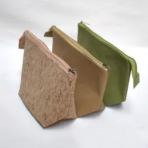 Fabrika sıcak satış kullanımlık yıkanabilir Kraft kağıt fermuar cüzdan Cork makyaj kozmetik çantası