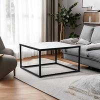 Table basse carrée moderne en métal noir avec plateau en bois à texture marbrée, table basse de luxe pour le salon, décoration d'intérieur