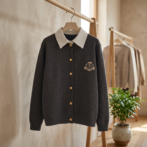 Women's Dark Gray Preppy Style Shirt Collar Knitted <b>Cardigan</b> Embroidery Logo Long Sleeve Anti-Pilling Conventional Thickness - Product Image 3