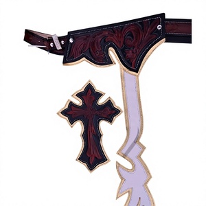 Nabtay Sports Genuine <b>Leather</b> Rodeo Western Bull Riding Chaps Flame Pattern Cross Inlay Hand <b>Tooled</b> Belt White Gold Fringe Men - Product Image 3