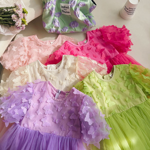 Vestido de Tul para Niña, Estilo Princesa, con Mangas Abullonadas, Color Sólido y Estampado Floral, Moda Infantil de Verano - Product Image 3