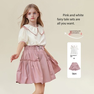 Ensemble deux pièces pour filles : Blouse à col Peter Pan et jupe à volants avec nœud – Tenue d'été décontractée et respirante pour enfants - Product Image 2