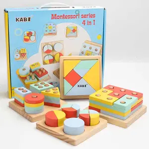 ของเล่นเด็กบล็อกไม้รูปทรงข้อต่อ4 In 1,บอร์ดมอนเตสซอรี่การเรียนการสอนการเอนเพื่อการศึกษาการก่อสร้างเขียงของเล่นที่ตรงกัน