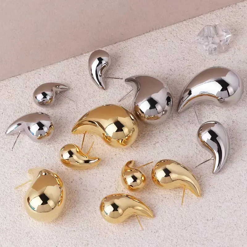 Large Medium Small Sizes Water Drop Stud Earrings Jewelry 18k Gold Plated Copper Chunky Waterdrop Stud Earrings
