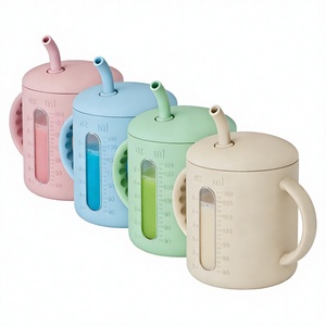 Vaso de entrenamiento Kingkam 100% de silicona de grado alimenticio con asas y pajita, libre de BPA, ventana transparente visible para bebés de 0 a 12 meses - Product Image 1