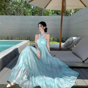 Vestido Casual Largo con Cuello Halter en Verde Menta Francés, Estilo Vacaciones en la Playa, Cintura Imperio, Transpirable, para Celebraciones - Product Image 1