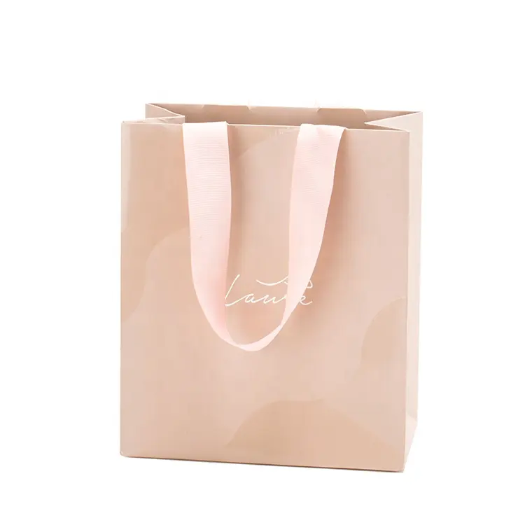 Benutzer definiertes Logo gedruckt rosa kleine Hochzeit Boutique Salon Shopping Verpackung Papiertüte mit rosa Gros grain Ribbon Griff