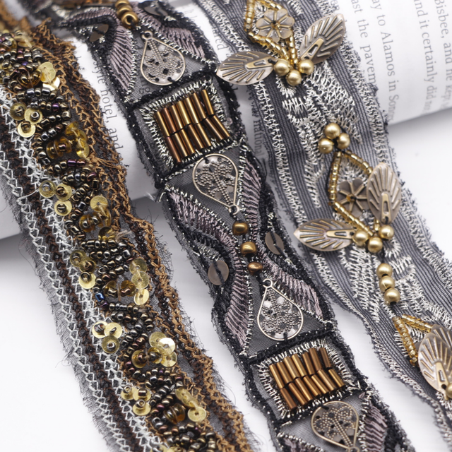 Width 3 cm Brass Pearls Lace Ribbon Gold Metal Beads Sequins Tulle Mesh Lace Trim for Dress Curtain Collar