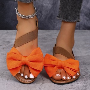Women Plus Size Flat <b>Sandals</b> Bow Decor <b>Elastic</b> Ankle Strap Lightweight Summer Casual Beach Footwear - Product Image 4