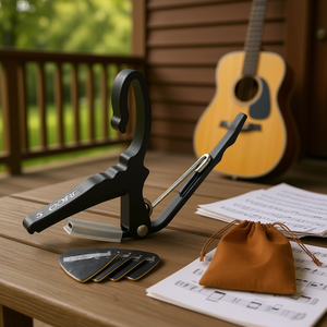 Capo negro de 5 cuerdas para guitarra acústica, accesorio con 6 púas y bolsa de transporte para banjo, mandolina, ukelele, clip para cuerdas - Product Image 2