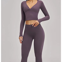 Set Atasan Yoga Kerah V Berkerut & Legging Wanita, Pakaian Olahraga Lengan Panjang Serbaguna untuk Fitness