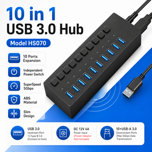 Hub <span class=keywords><strong>USB</strong></span> 3.0 a 10 Porte Alimentato con 10 Interruttori Individuali, Adattatore di Alimentazione 12V 4A, Custodia in ABS per PC - Disponibile - Product Image 4
