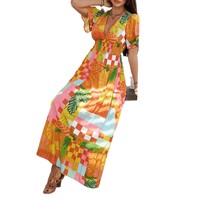 Gaun Bohemian Gaya Liburan Kerah V Bahan Worsted Dapat Dicuci Motif Bunga Warna-Blok Pinggang Alami Lengan Pendek Kasual Impor
