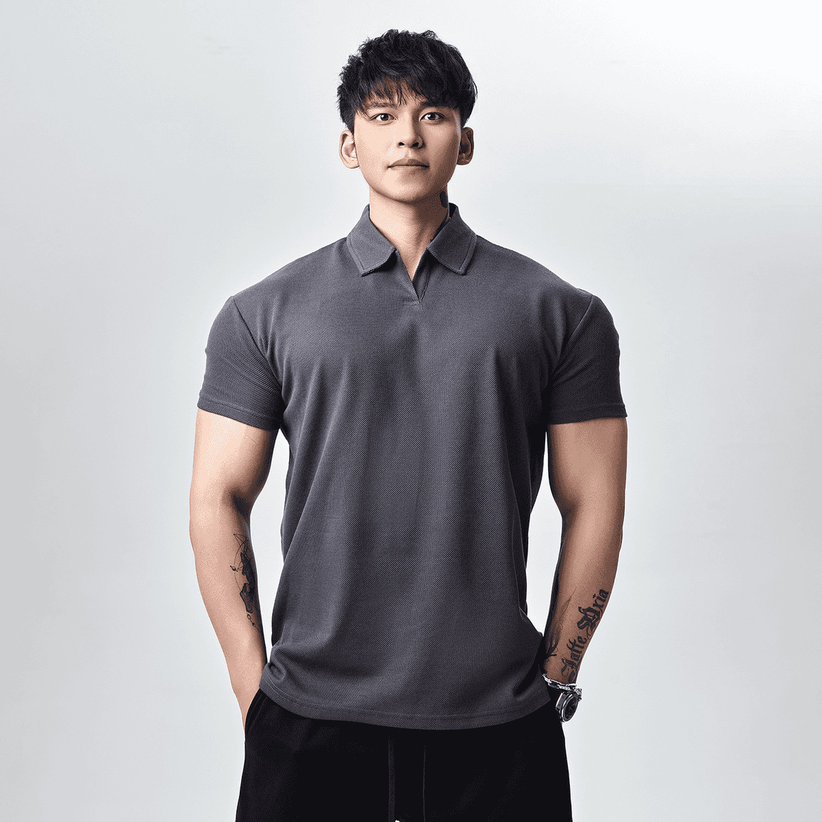 Blue and gray polo buttonless short sleeve